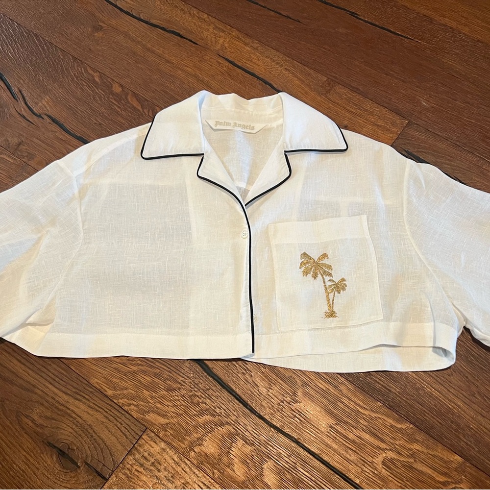 Palm Angels Palm Embroidery cropped bowling shirt